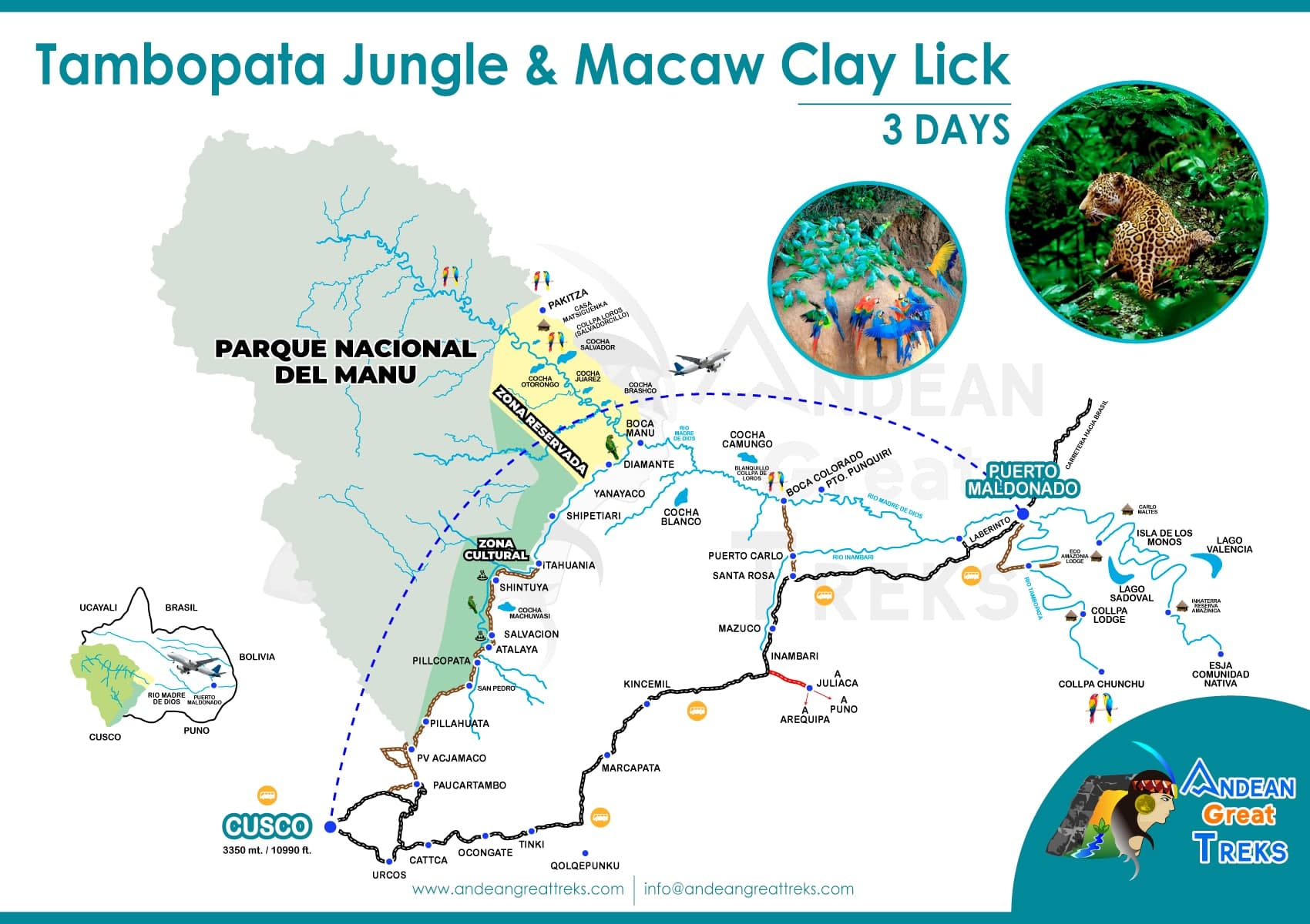 Explorez la Jungle de Tambopata et le léchage d'argile d'ara 3 Jours