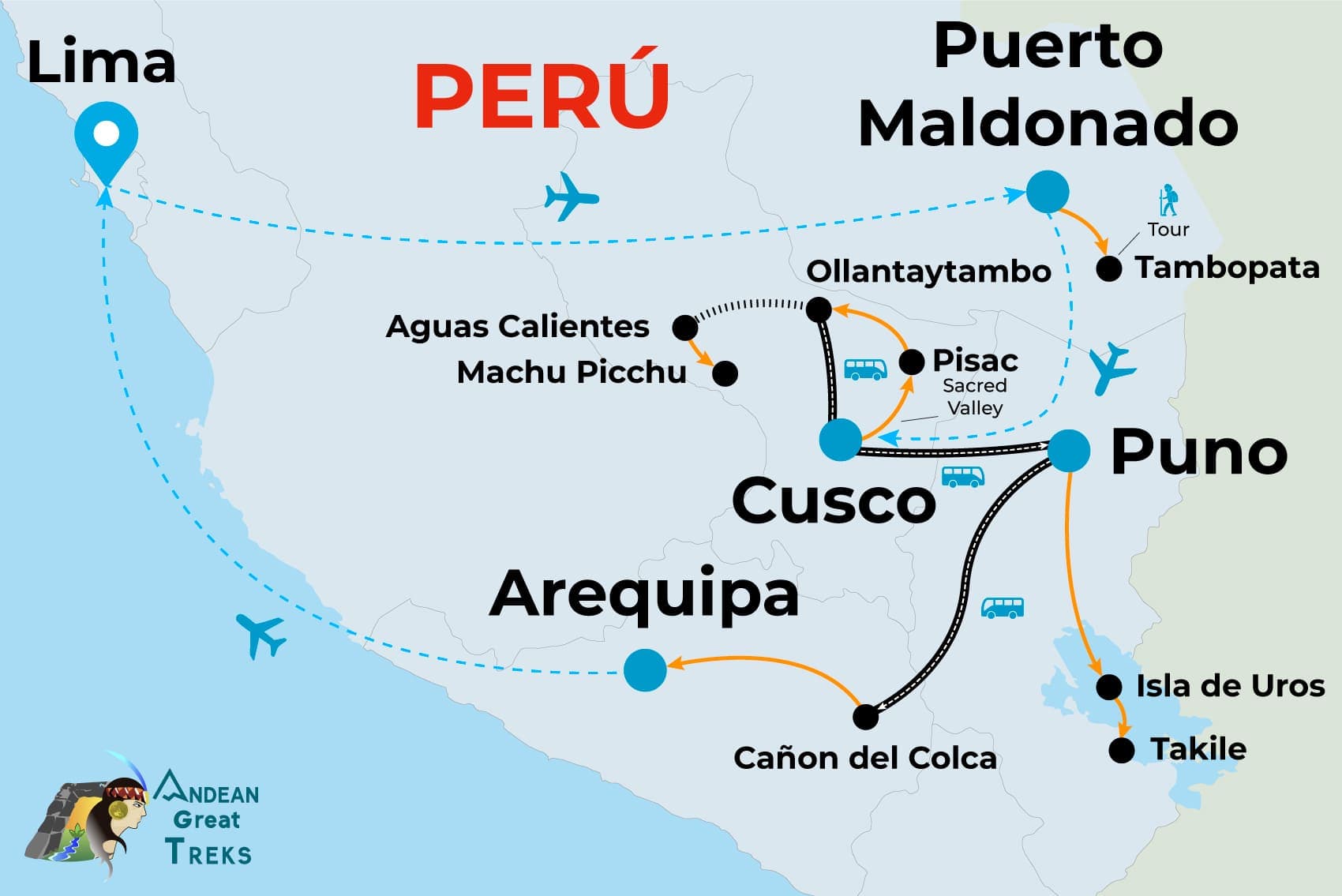 Map of LIMA, CUSCO, TAMBOPATA, MACHU PICCHU, PUNO, AREQUIPA 14 TAGE